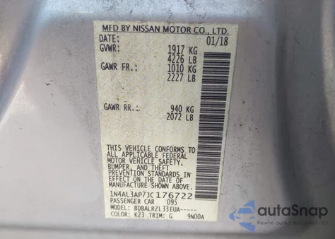 2018 Nissan Altima 2.5 Sl from USA, damaged, VIN 1N4AL3AP7JC176722